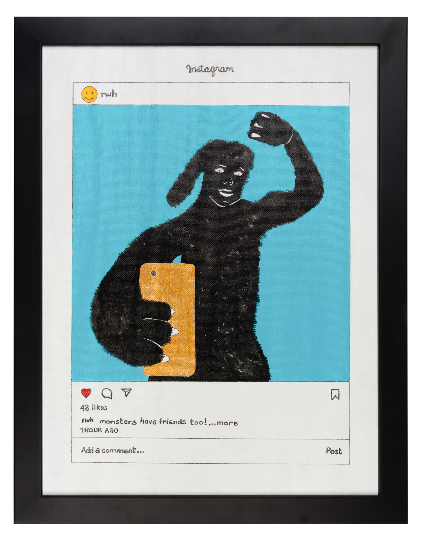 The image of an Instagram post is recreated. A monster is taking a selfie and holds a mobile phone in his hand. The post says Monsters have friend too. The monster is portrayed against a blue background. There is a black frame