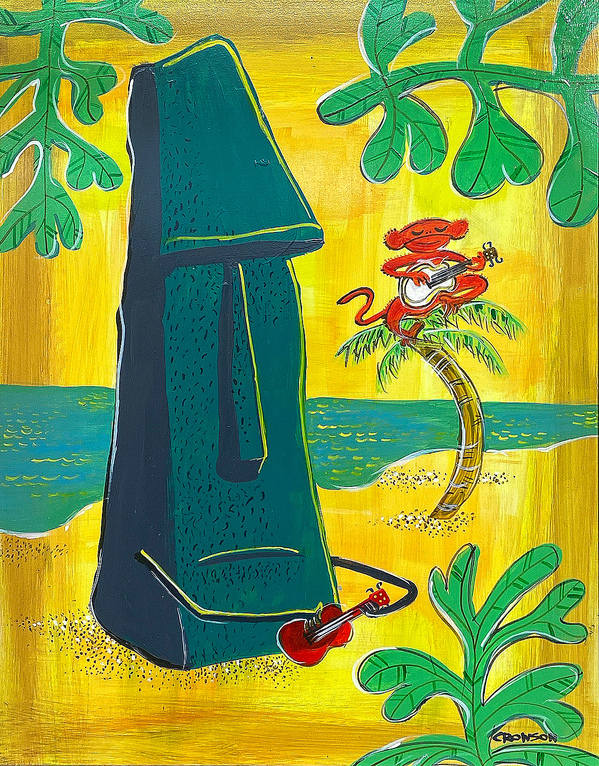 "Island Uke Lesson," Acrylic & ink on wood