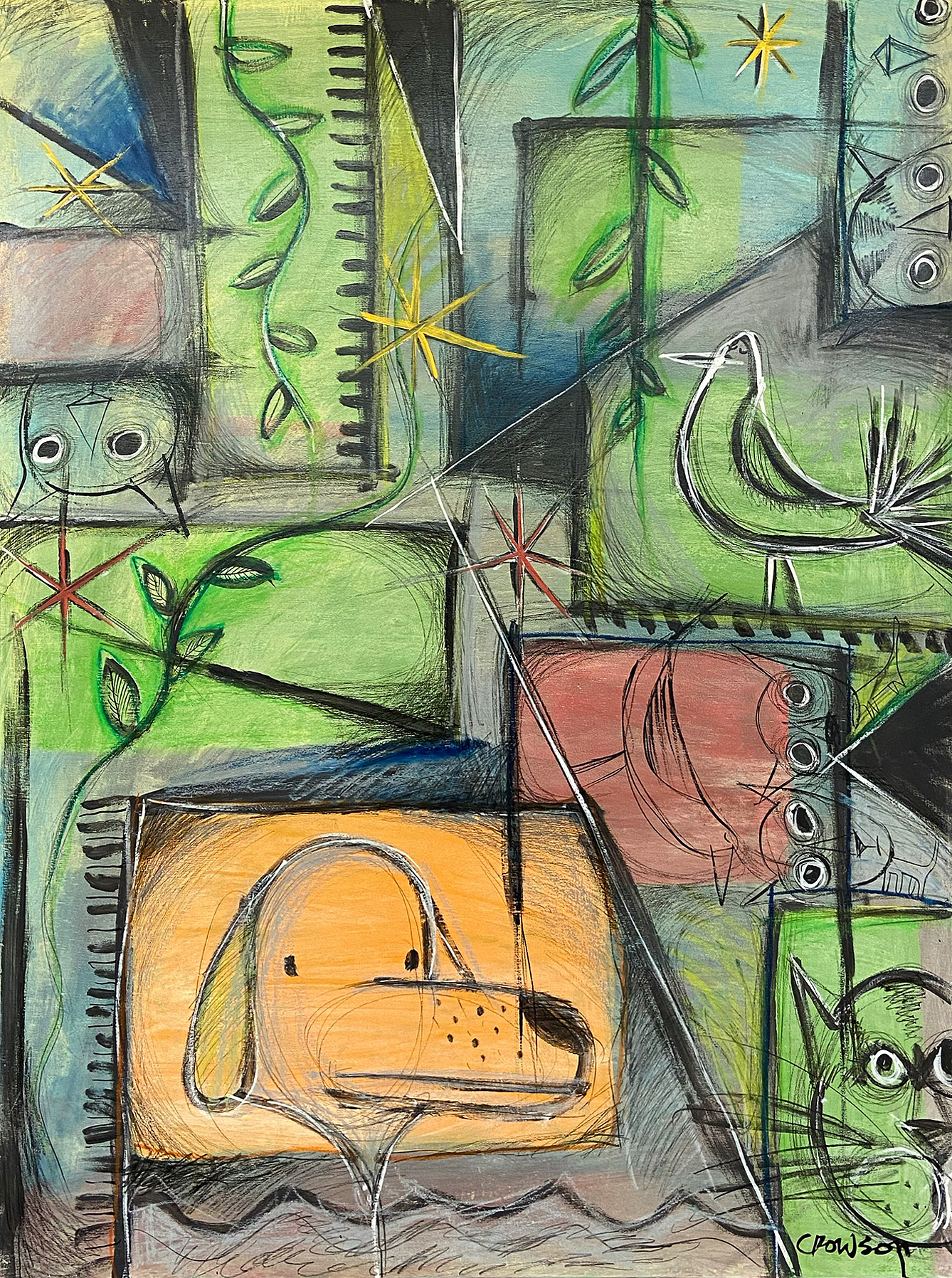 "Dog-blivious," Acrylic & crayon on wood