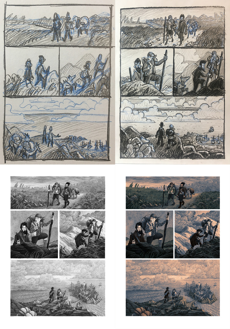 Réalisation d'une planche (crayonné de mise en place, story-board, planche finale, mise en couleur numérique)