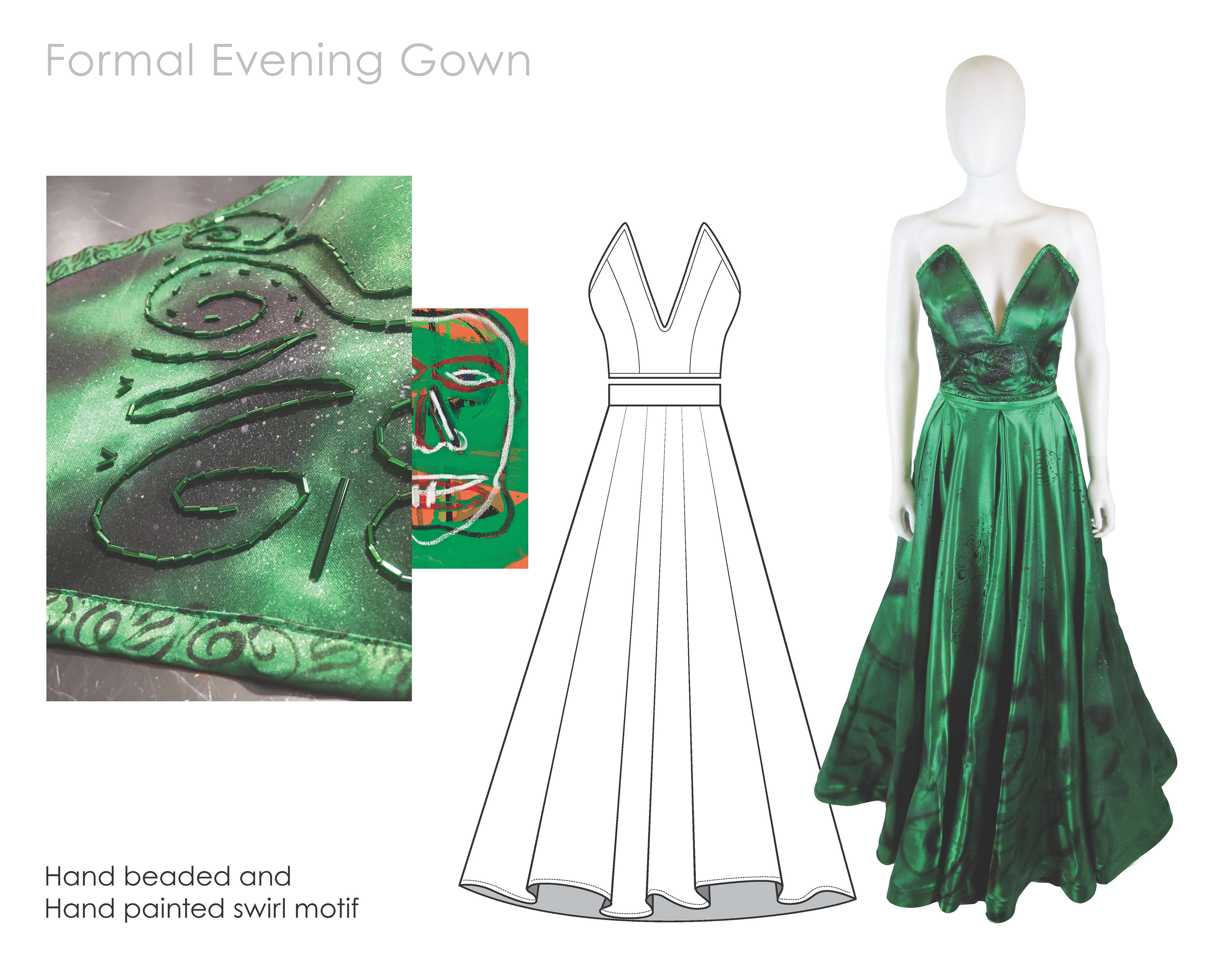 Two piece evening gown with hand painted and hand beaded details
