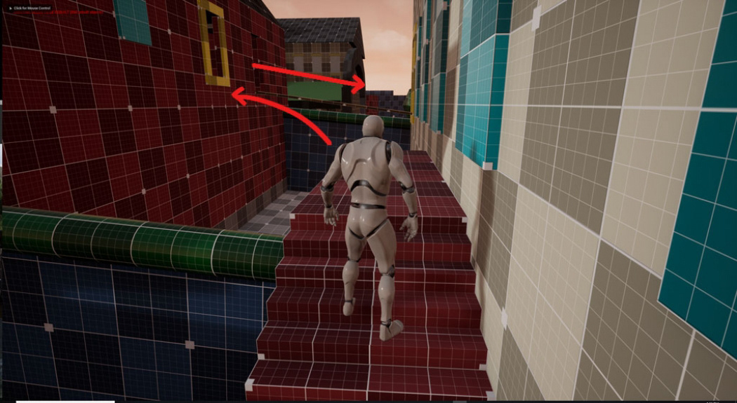 Climbing the staircase reveals an open window and a make shift bridge.