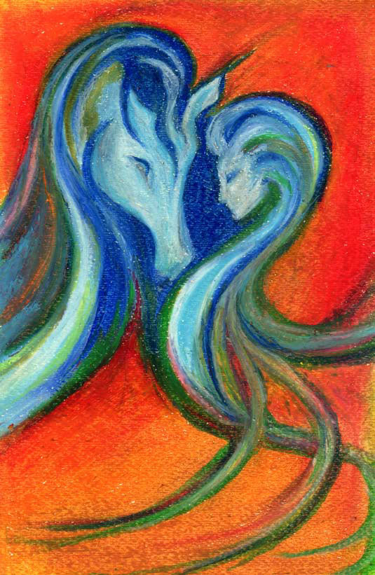 "Lake of Fyrelyte" was created with oil pastels and was used in an article in Horses In Art Magazine.