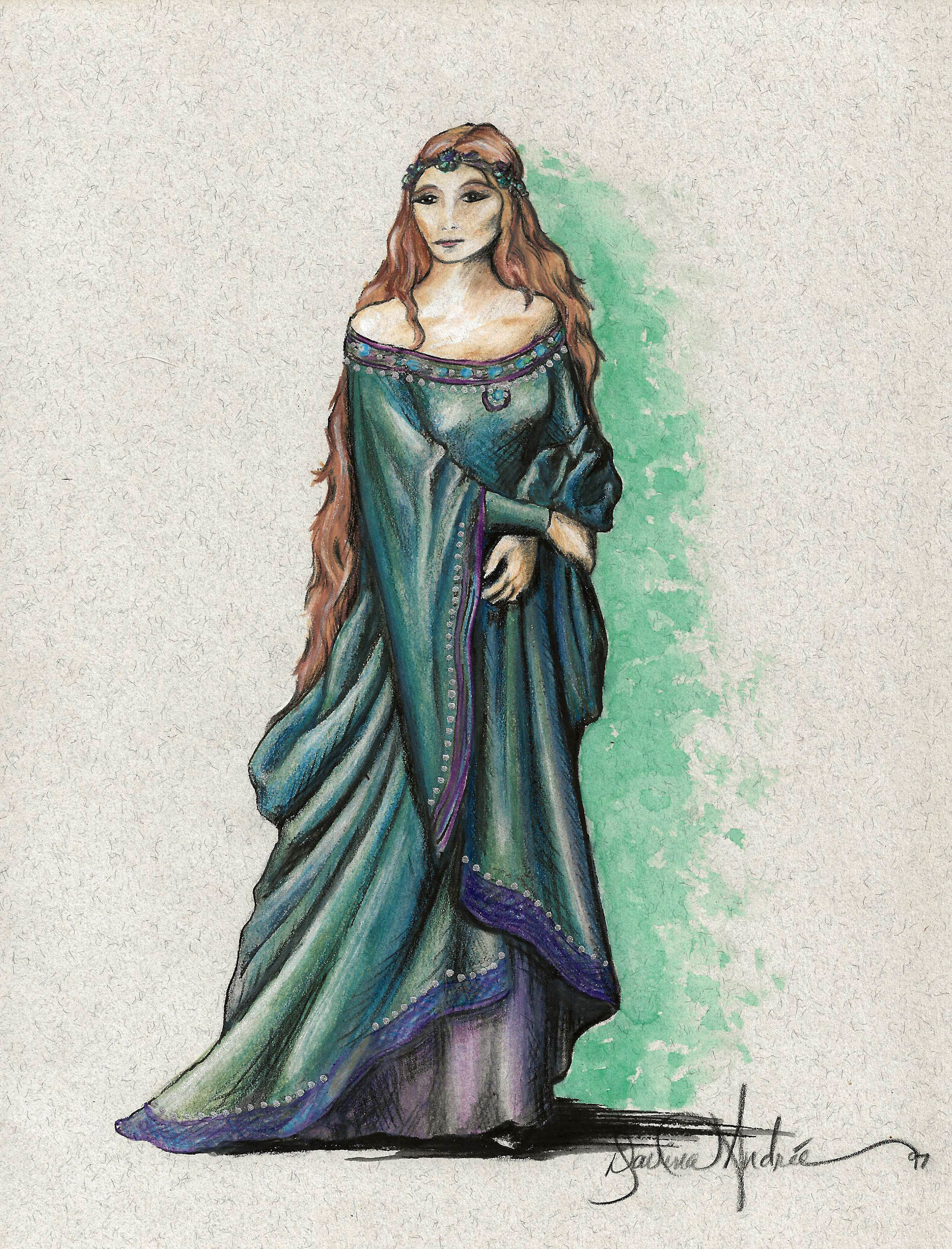 This maiden was drawn in watercolor pencil.