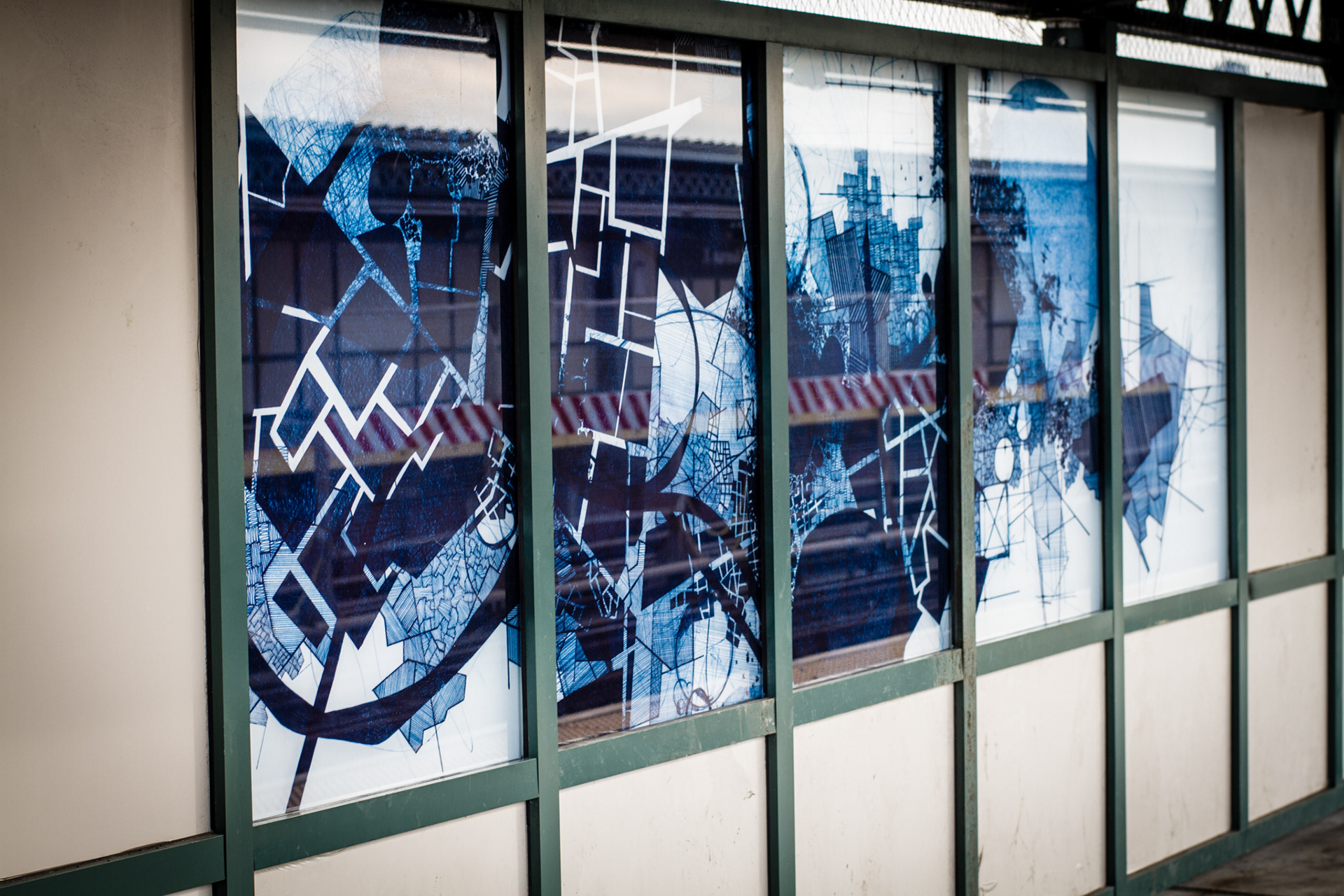 “AVEX5(station)” 2017 MTA Arts & Design commission - Avenue X Station in Brooklyn NY - F train, IND Culver Line - Five of six 48" x 156" compositions (5 panels ea.) - Fabricated 0.875" depth laminated tempered glass