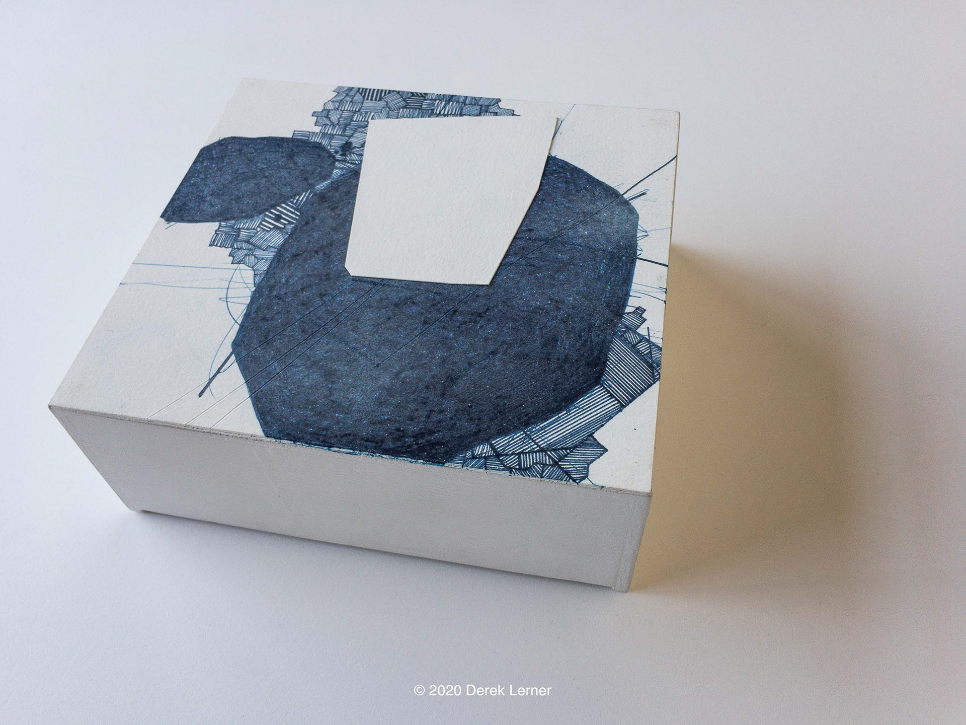 Angled view of Asvirus 115 by Derek Lerner 2020 Ink on paper on wood panel 9.25" x 6.5" x 1.25" (23.495cm x 16.51cm x 3.175cm)