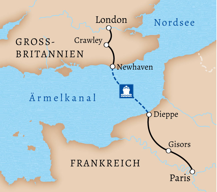 Routenkarte London nach Paris