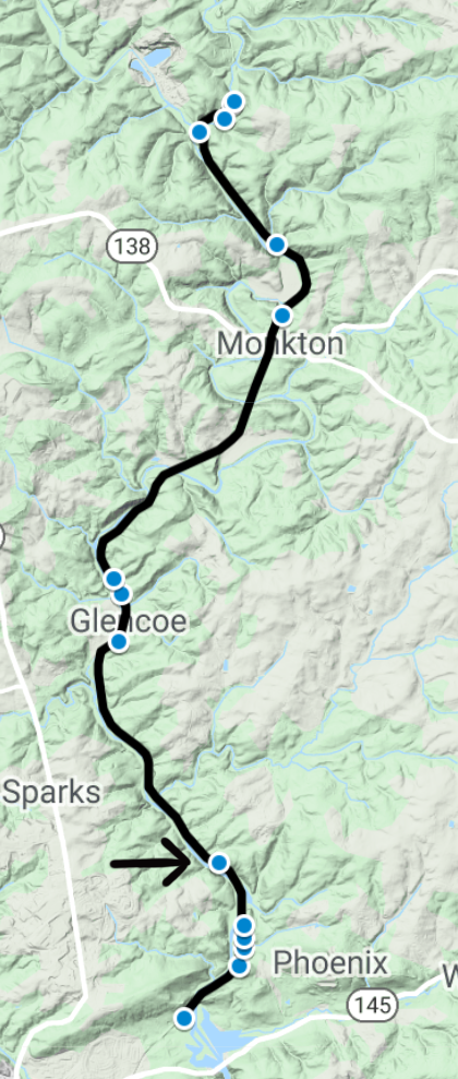 Smaller version of the overview map showing the locations of the sites along the trail. An arrow points to the site to the northwest of Phoenix.
