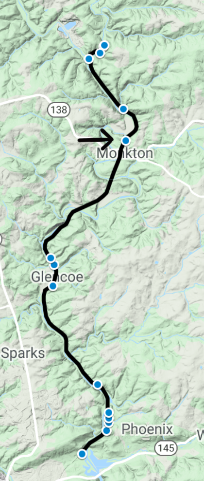 Smaller version of the overview map showing the locations of the sites along the trail. An arrow points to the site located at Monkton.