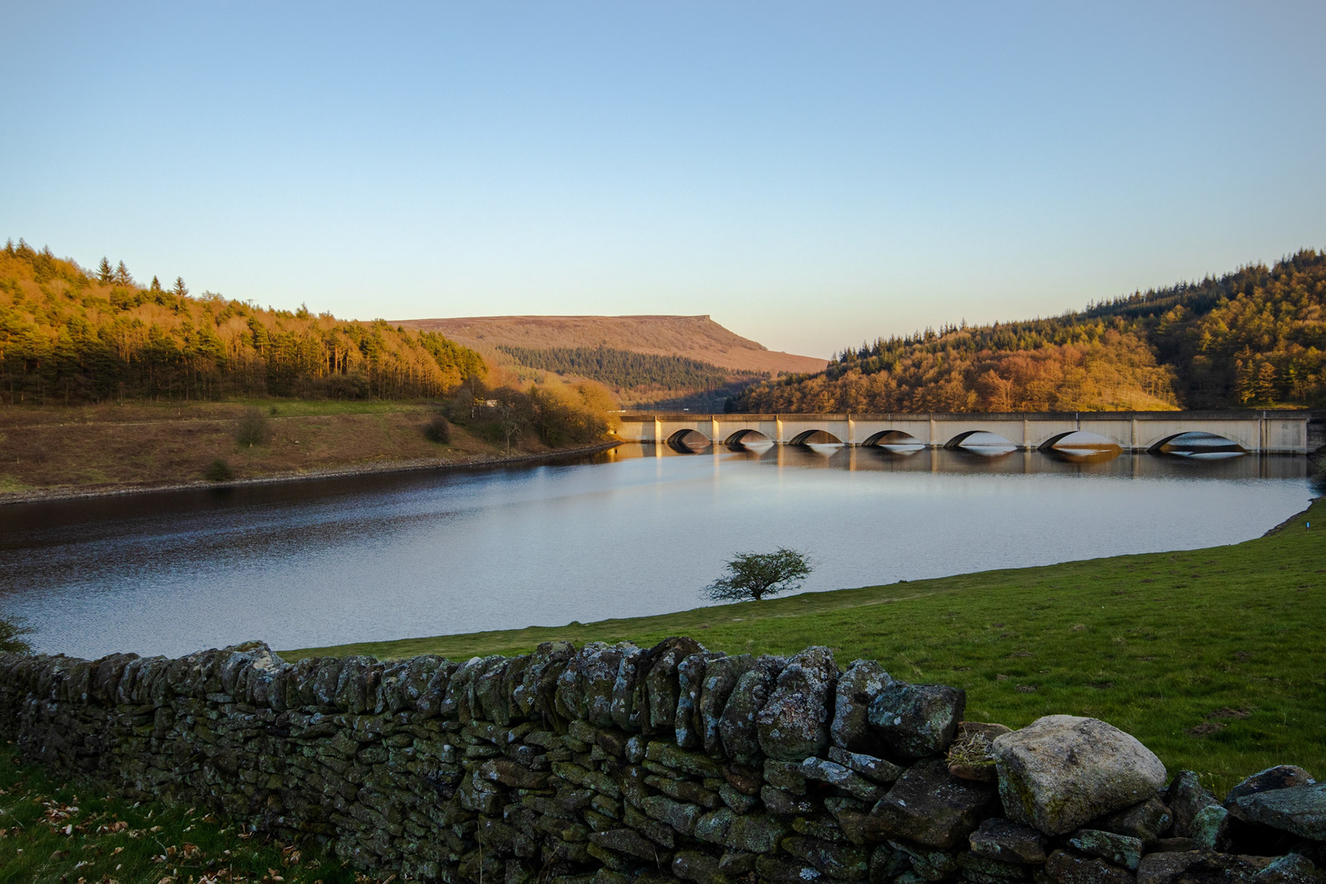 Sunset on Ladybower Viaduct and Ladybower Reservoir