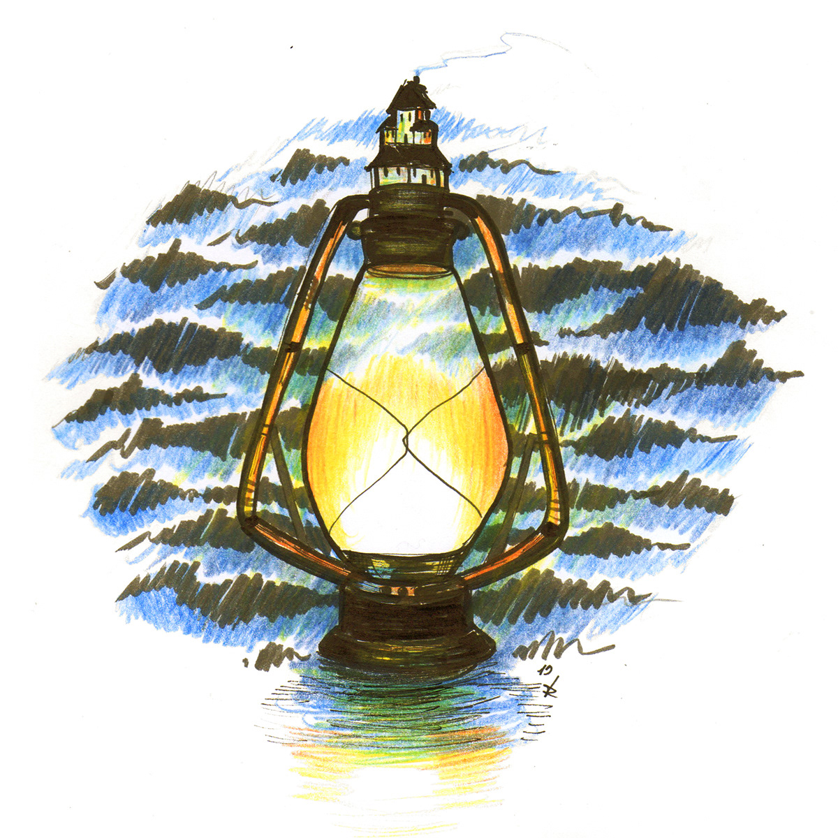 Lantern Home - ink and color pencil on paper, 2019