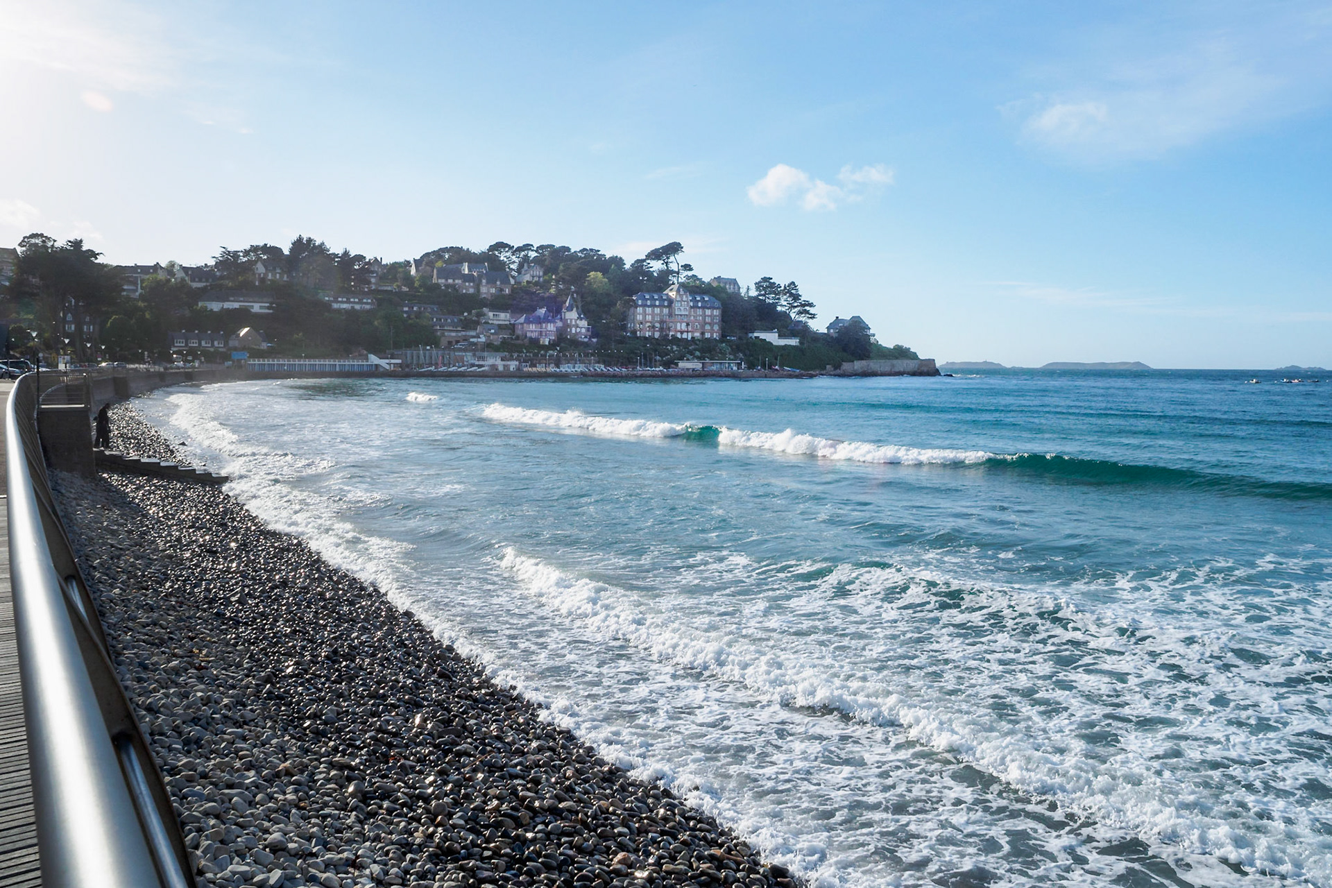 The pebbled beach of Testrahou, Perros-Guirec in Bretagne with a view here on 2 of the 7 islands: