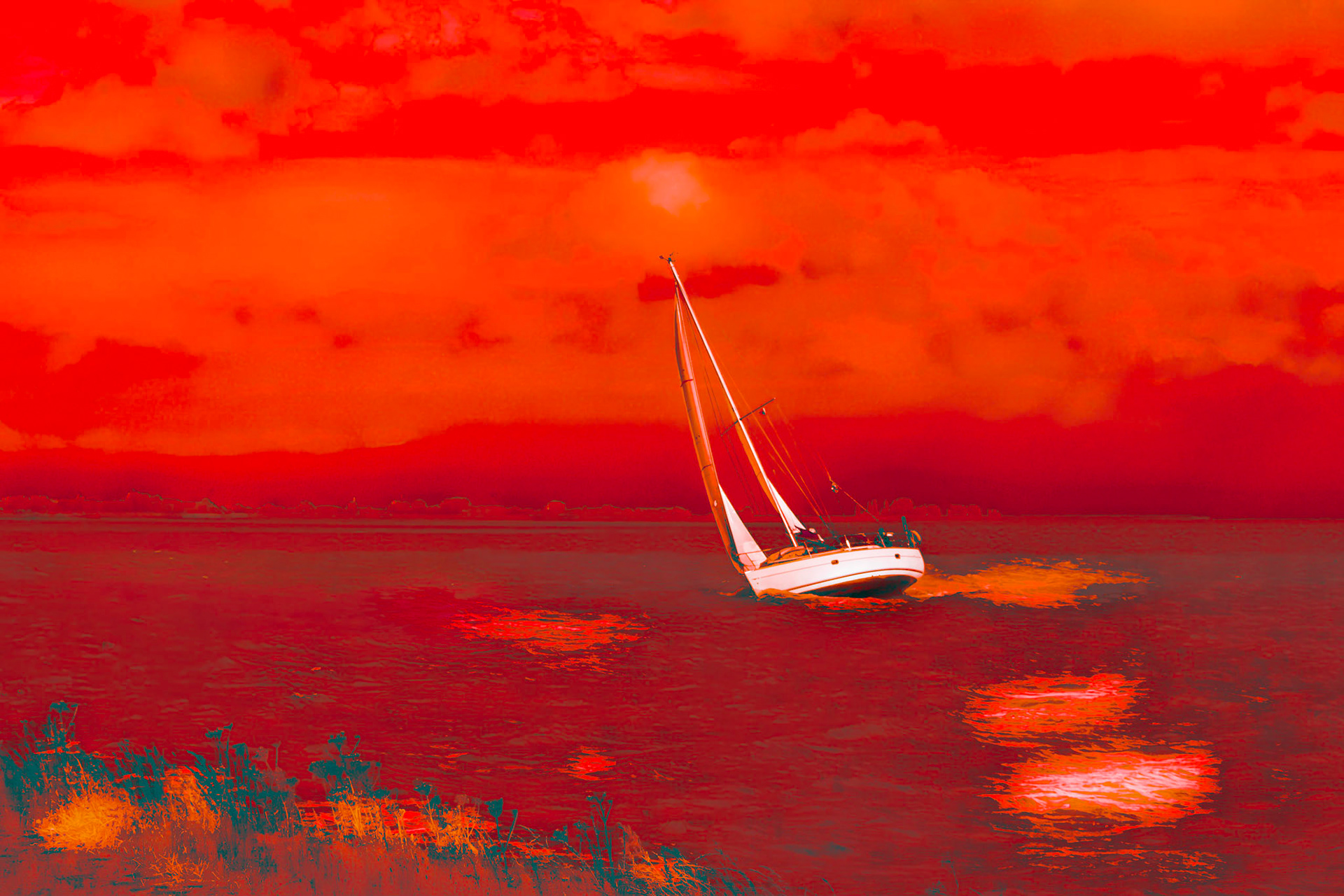 White sailboat on a sea of fire