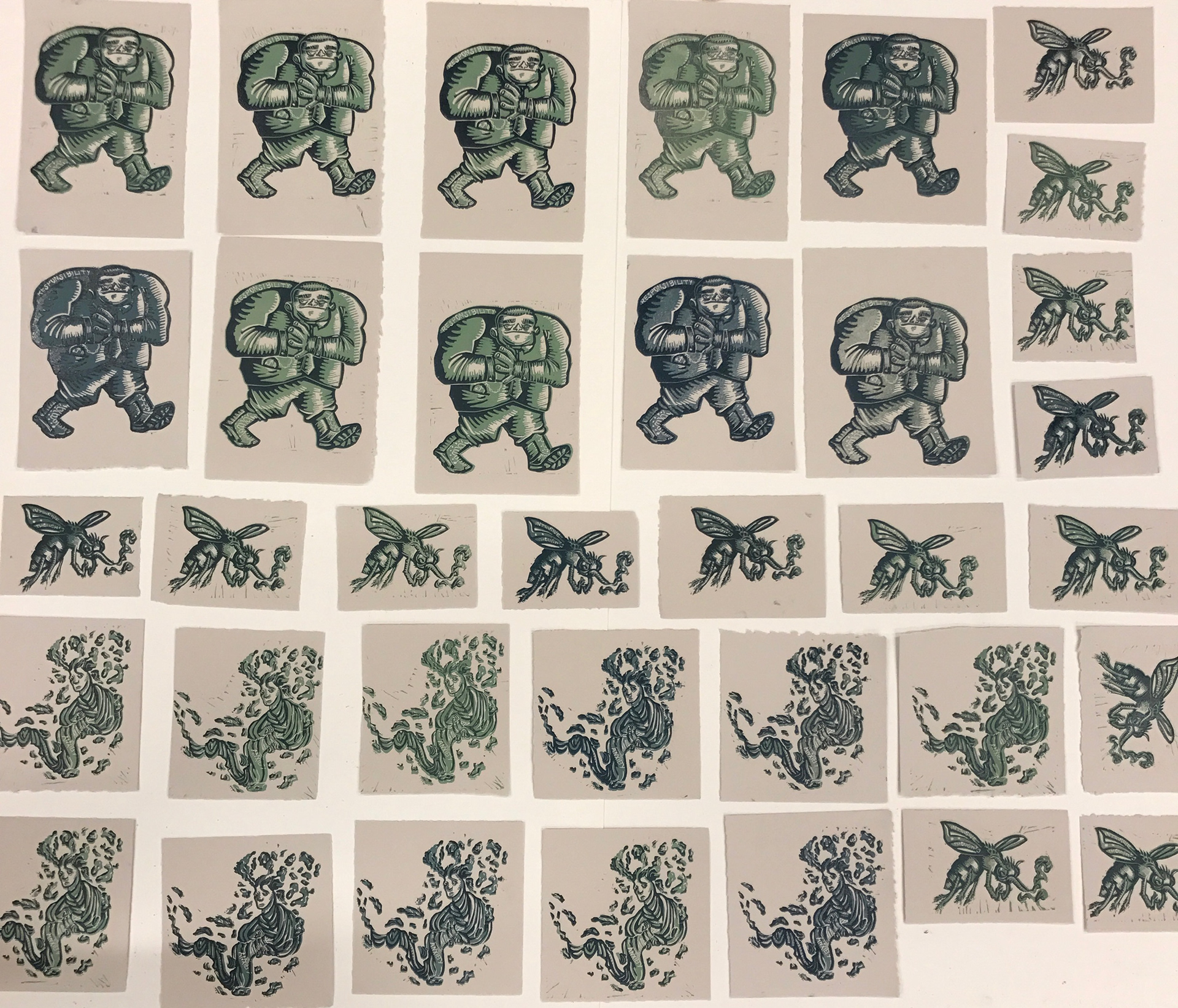 Blue and teal linoleum reduction character prints of responsibility, anxiety, and intrusive thoughts | Maleah Miller
