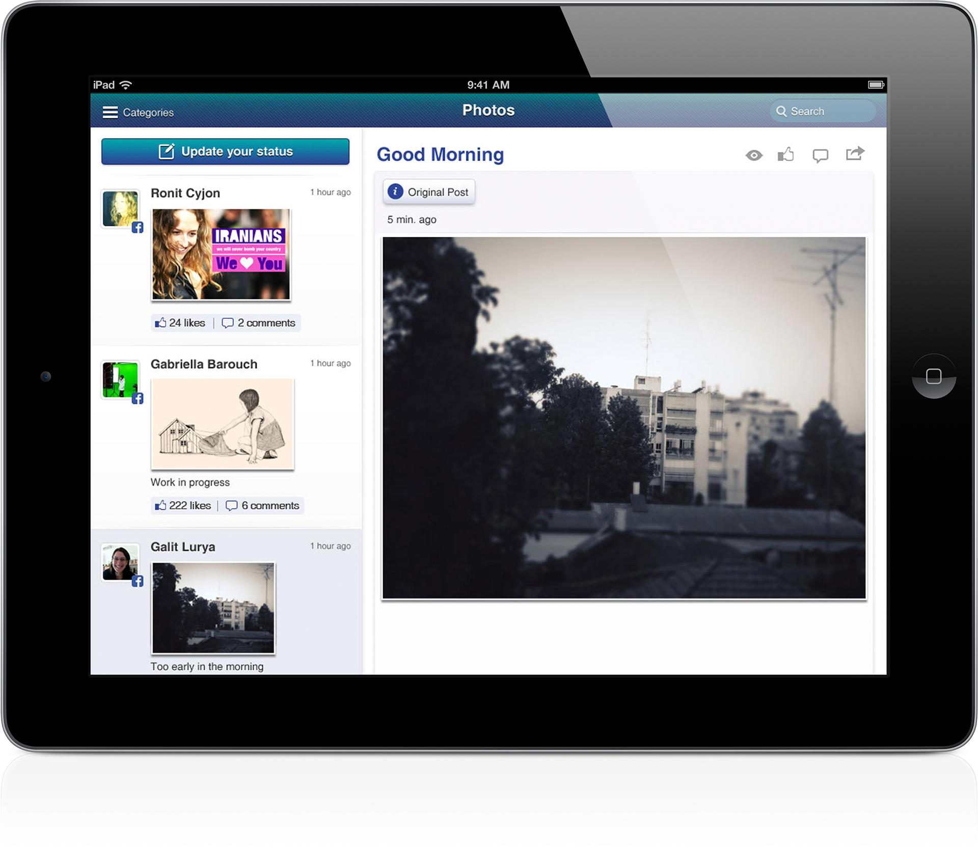 iPad view of multimi photos tab showing a preview of a photos and a list of additional photos