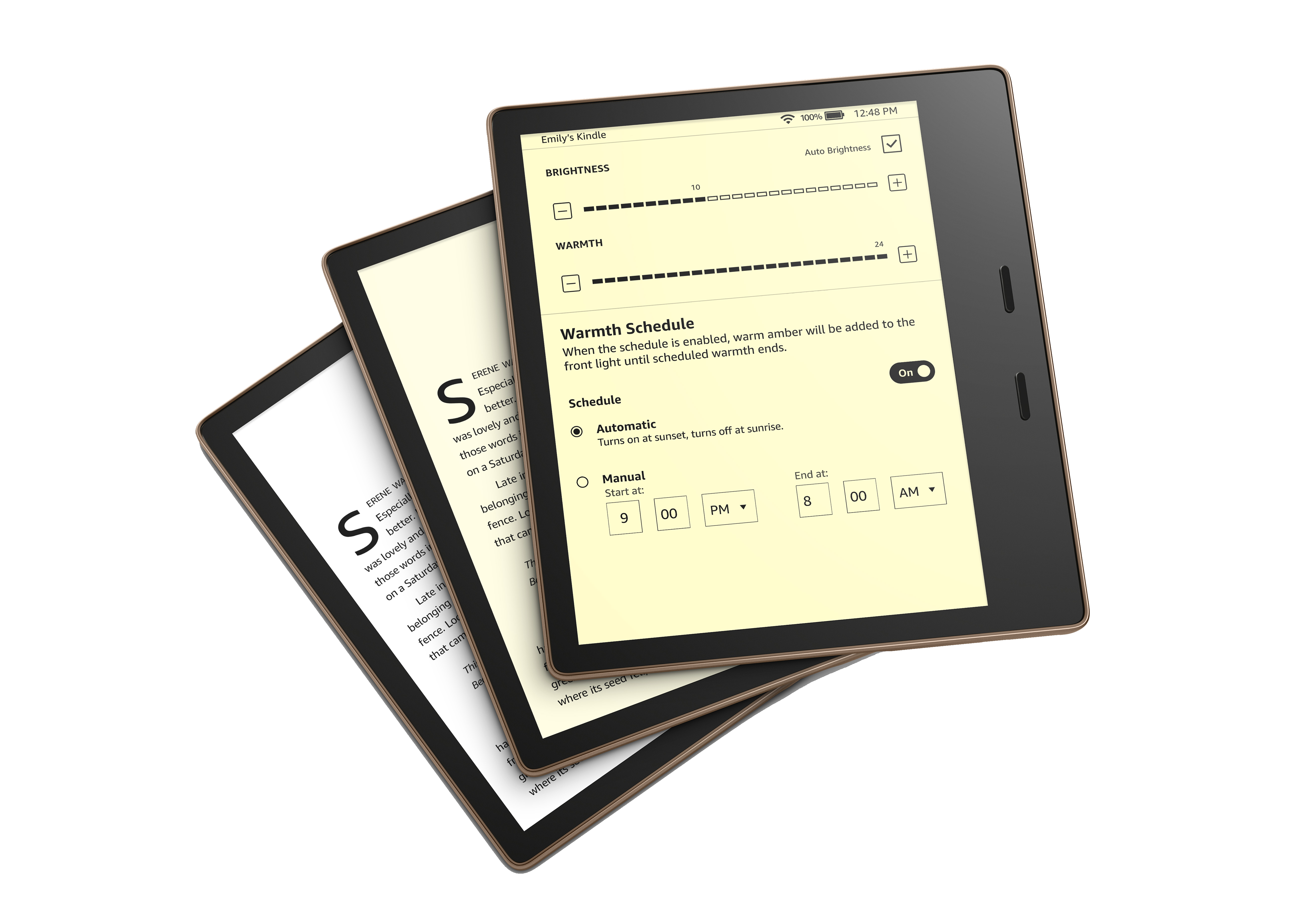 Three Kindle e-readers stacked. The bottom screen shows as a white screen, the middle e-reader screen has an orange tint indicating a warm tone. The top e-reader screen has a strong orange tint indicating a very warm tone. The screen of the top e-reader shows settings to adjust the brightness, warmth level, and the option to schedule the warm tint to turn on automatically on sunset and off on sunrise, or set a manual time for it to turn on and off.