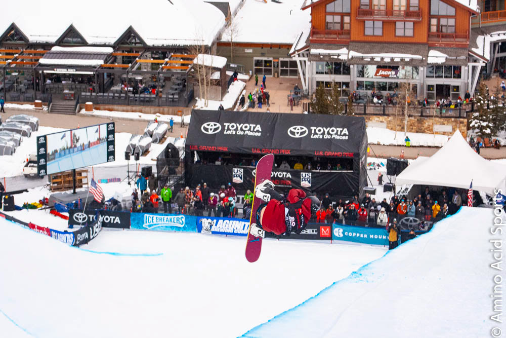 Suisse Elias Allenspach (#28) tail grabs a 900* in Copper's Halfpipe