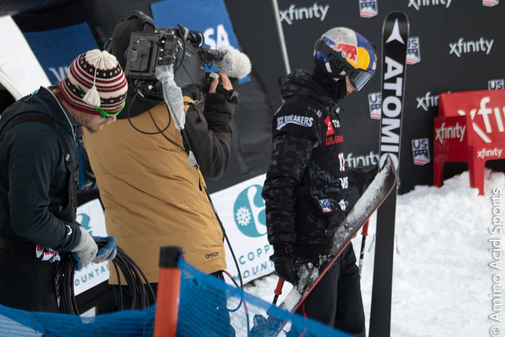 New Zealand national Miguel Porteuos awaits his score for his Run 1 with the crowd.