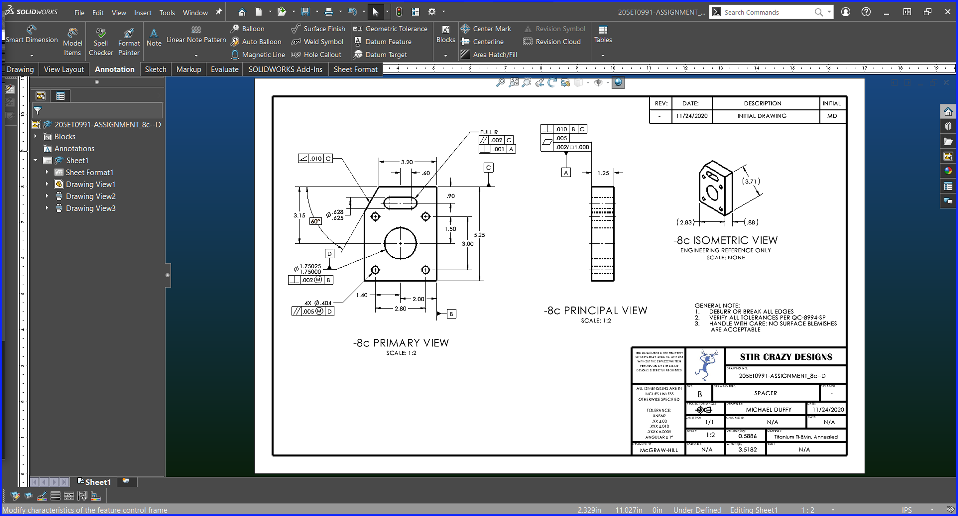 Machine Part Drawing w/ GD&T - Solidworks