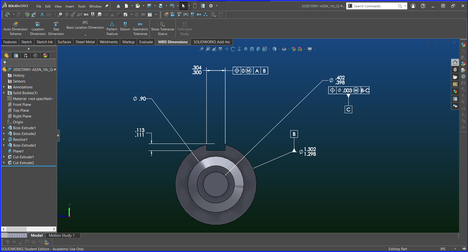 Spindle - Model Based Definition w/ GD&T - Front View - Solidworks