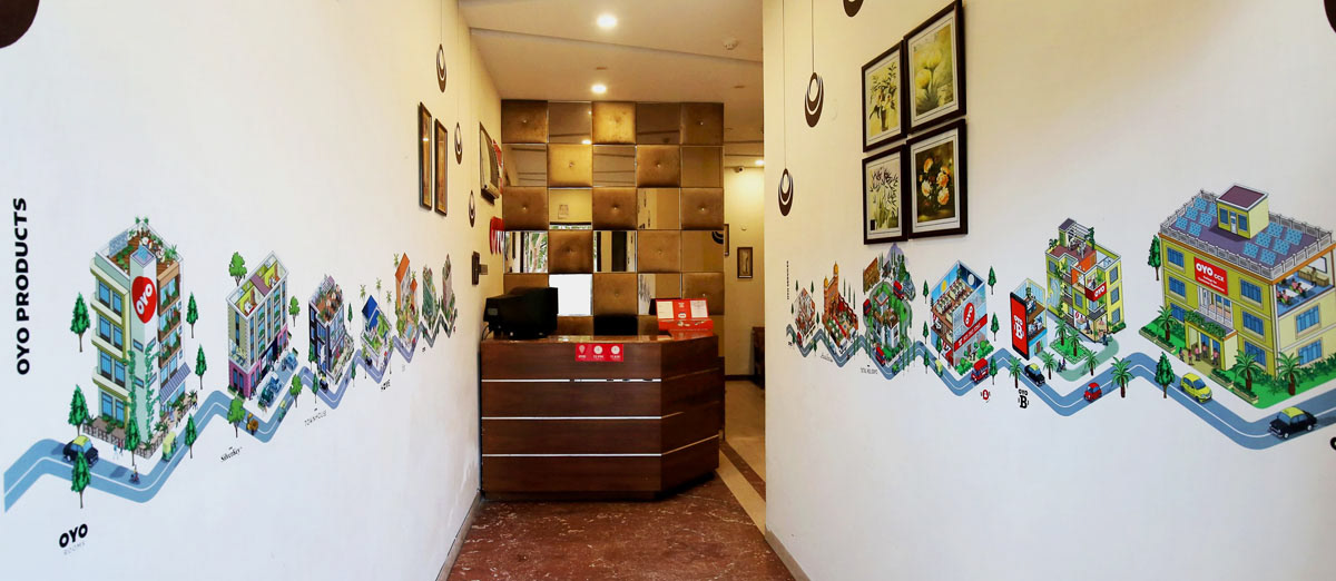 Hotel Reception Mural Art printed vinyl mural illustration - OYO Rooms Illustration