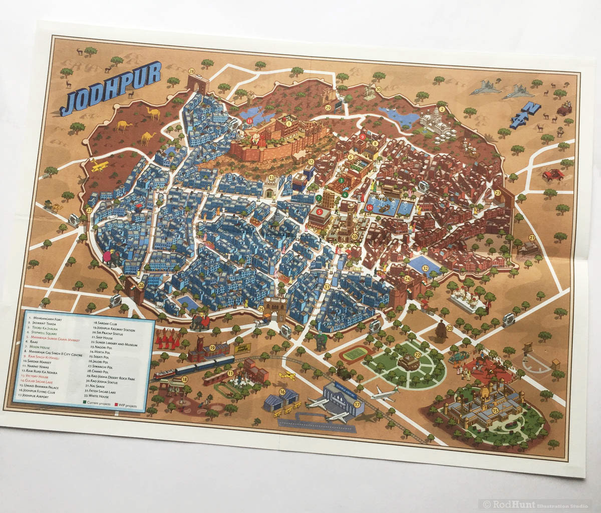 Map illustrator, Illustrated map artists - Detailed isometric illustrated city map of Jodhpur, India created by map designer Rod Hunt