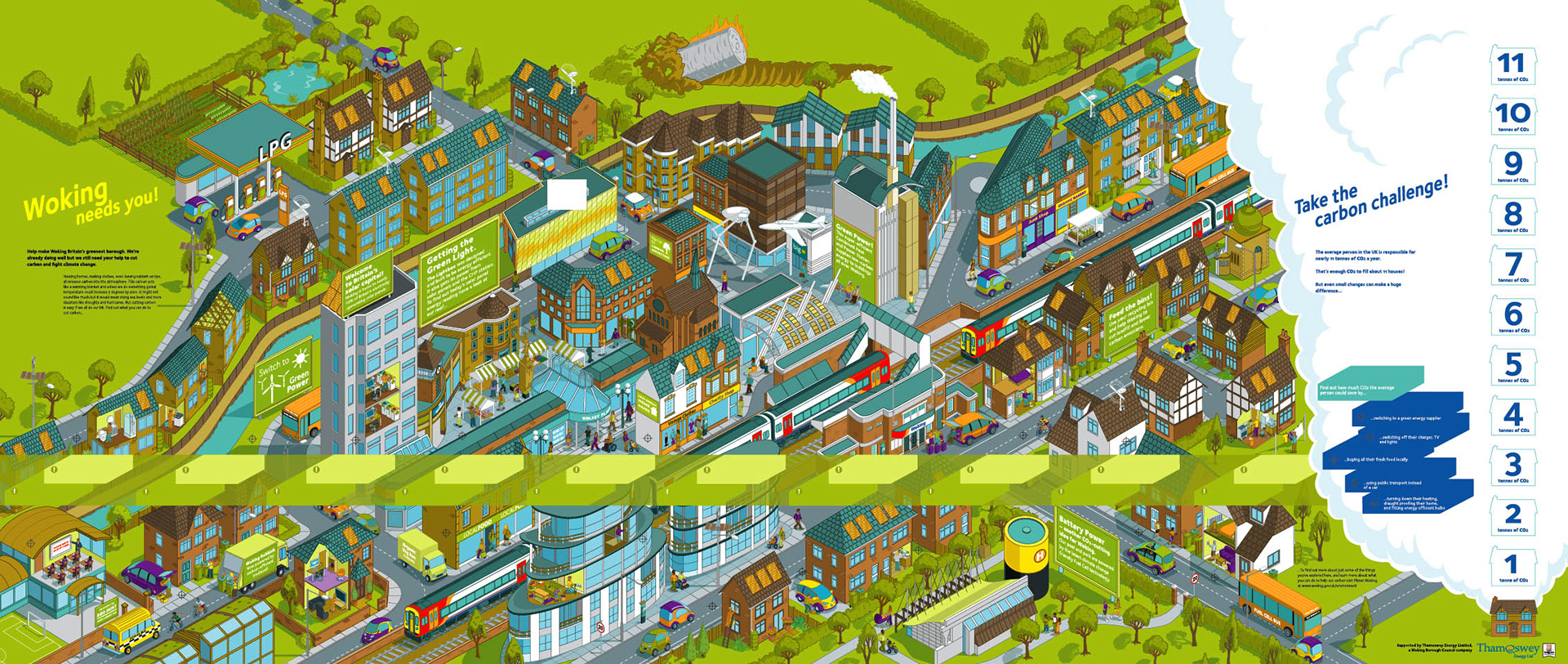Isometric map design of Woking illustrated for an interactive museum display and exhibition