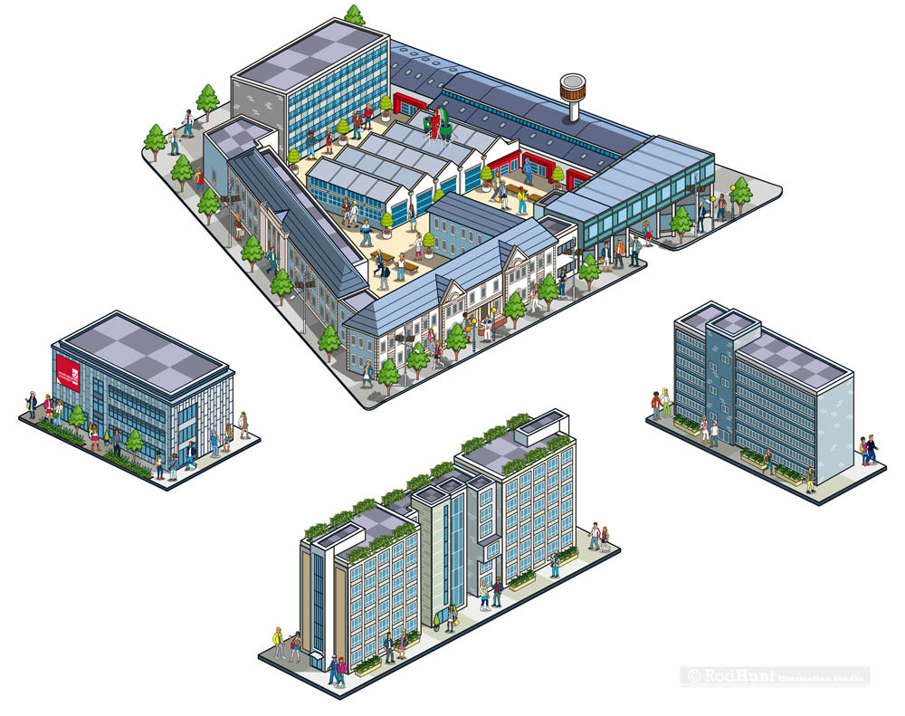 Staffordshire University Campus Buildings Illustrated in isometric perspective