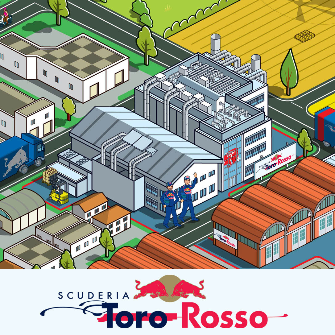 Pixel Art Illustrations of a Formula 1 team factory