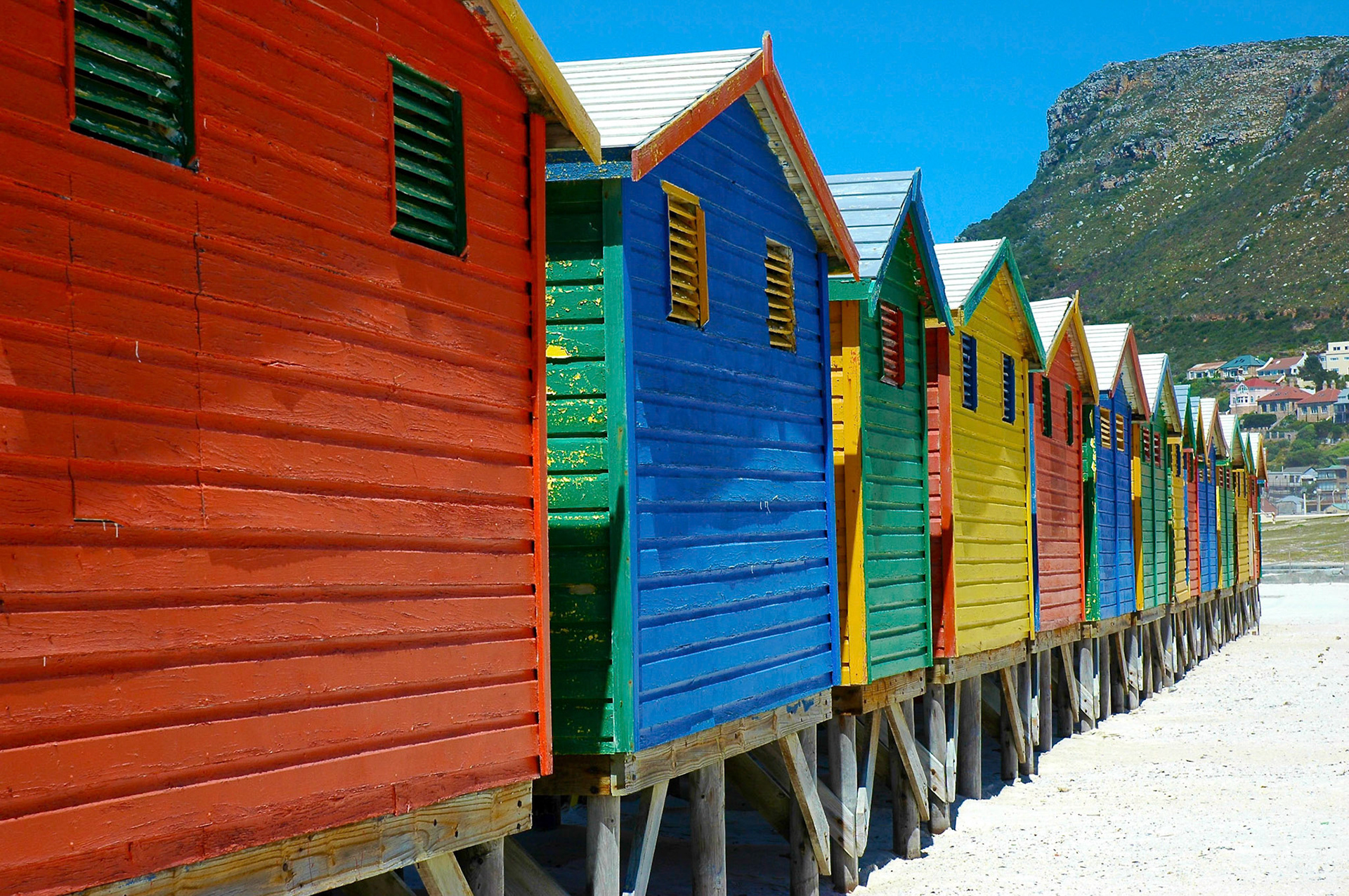 Colorful beach huts on Muizenberg beach near Cape Town