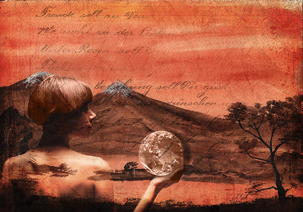 The world in my hands, using one of my watercolours as the background.