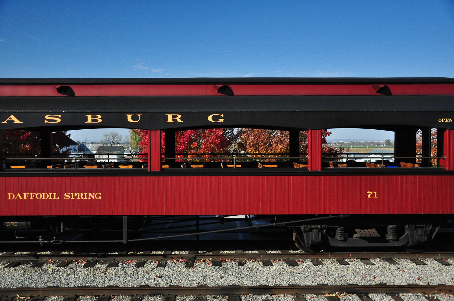 An antique train car at the historic Strasburg Railroad.