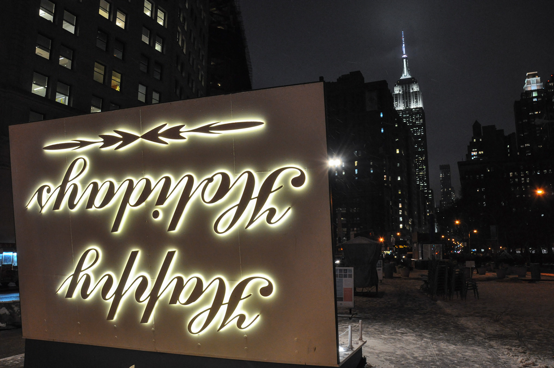 Empire State Building on a snowy night.