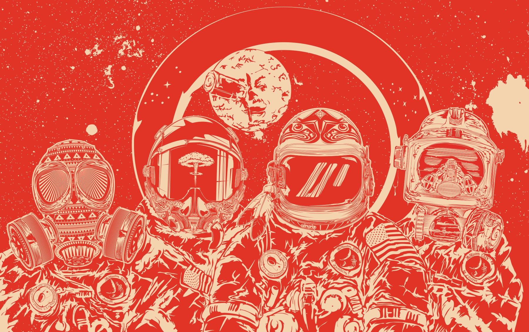 Large overview of 4 masks illustrated with background art // Christopher Lisle