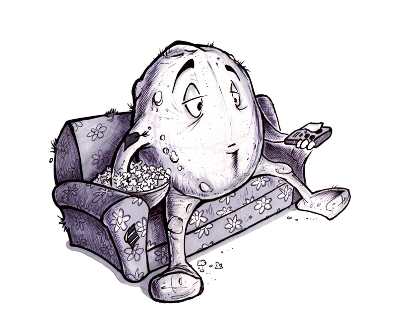 cartoon illustration of a couch potato eating popcorn watching TV