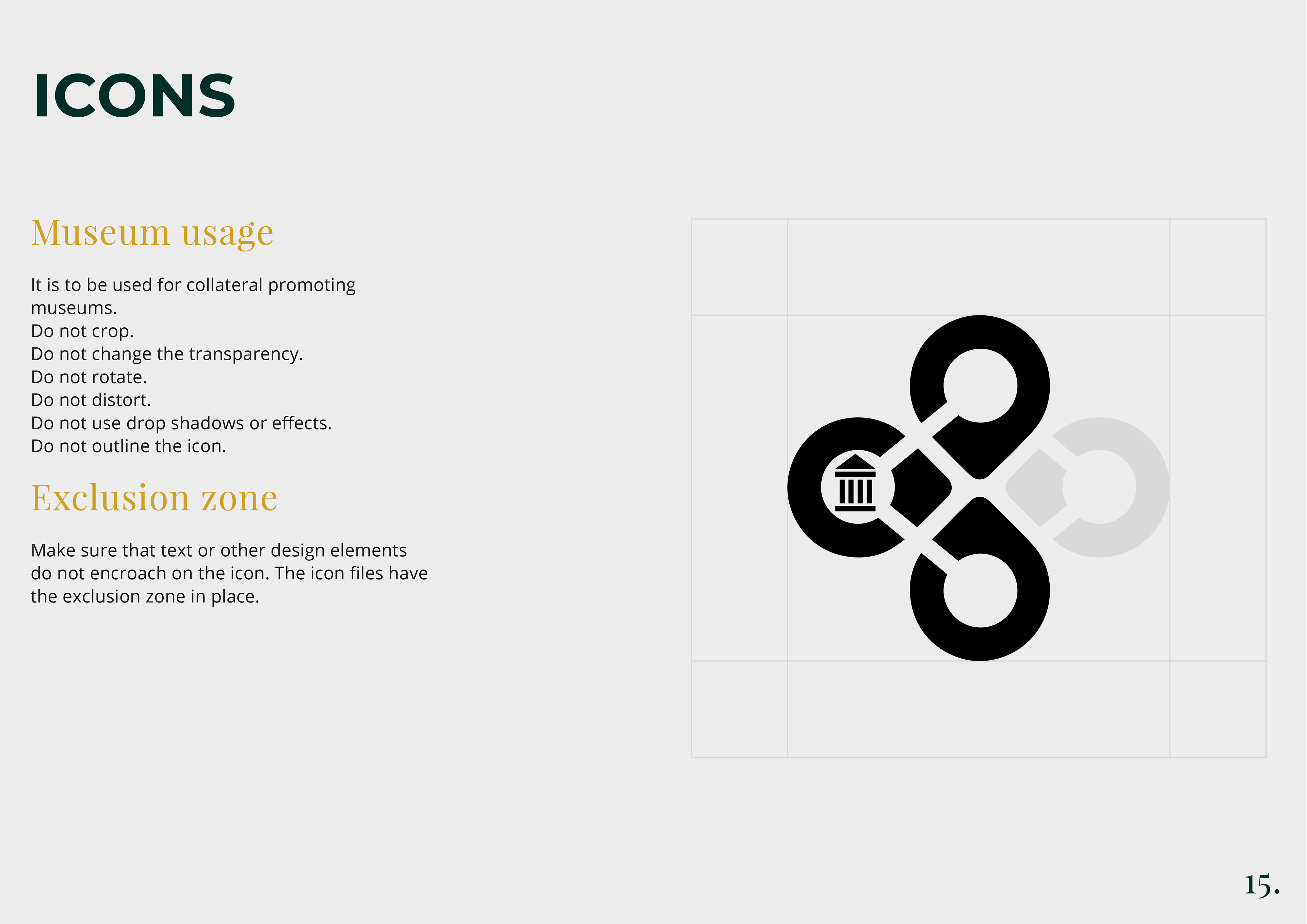 museum icon of brand guidelines for now and then by freelance graphic designer melissa carne
