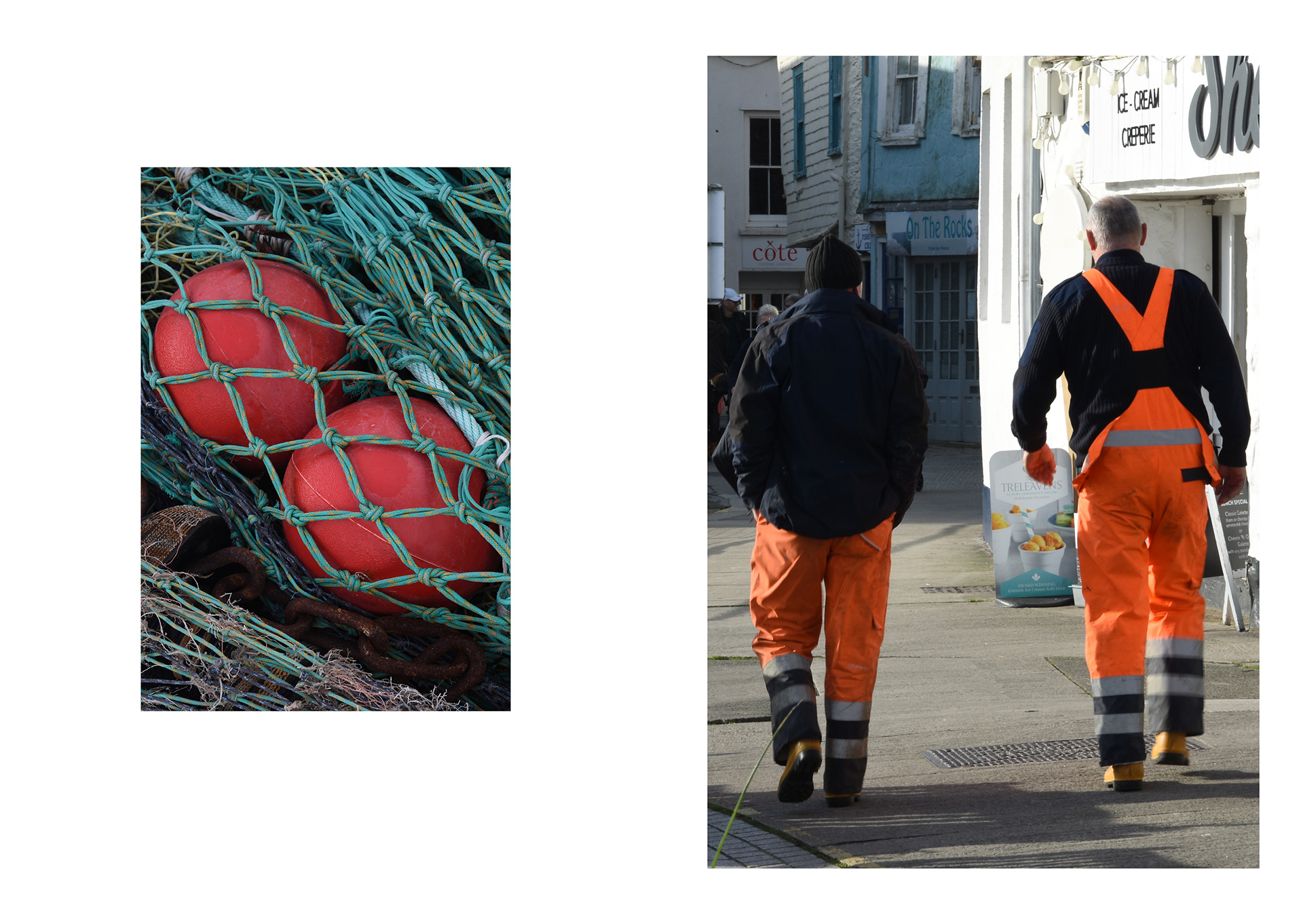 2 orange buoys in a fishing net next to 2 fishermen in overalls walking in Mevagissey in Cornwall by freelance photographer melissa carne in cornwall