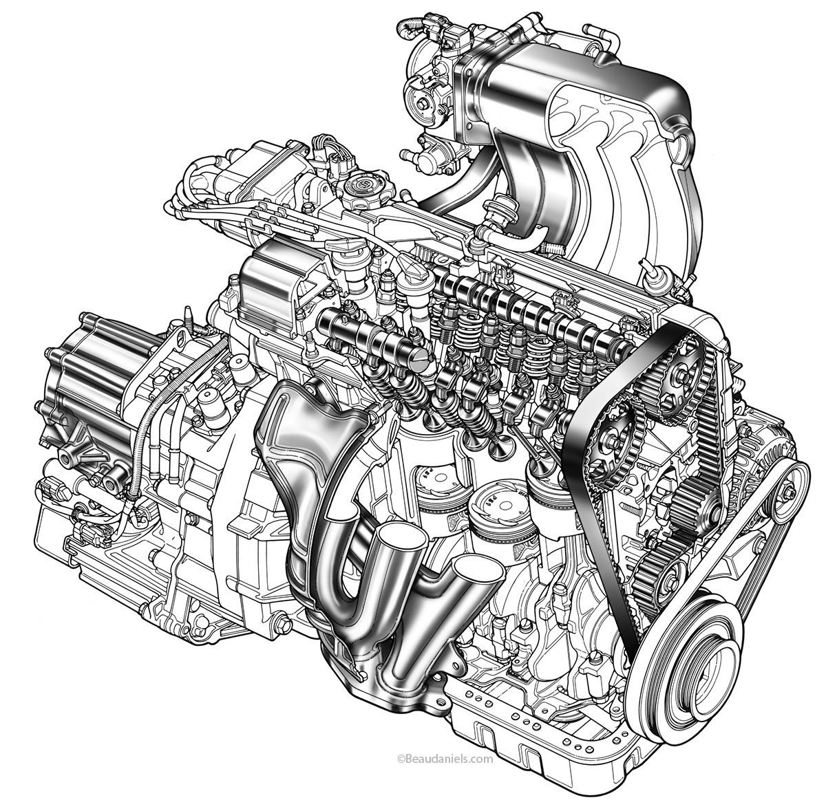 Technical illustration, Beau and Alan Daniels. Generic car engines