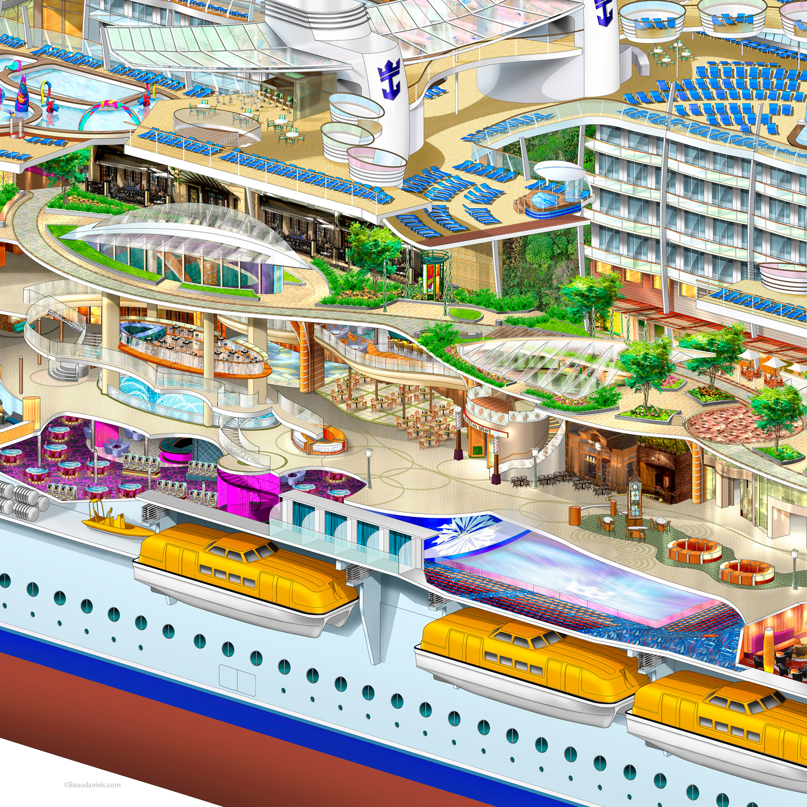 Royal Carribean Cruise Line cutaway to show Central Park and the Ice rink. Rendered in Adobe Photoshop.