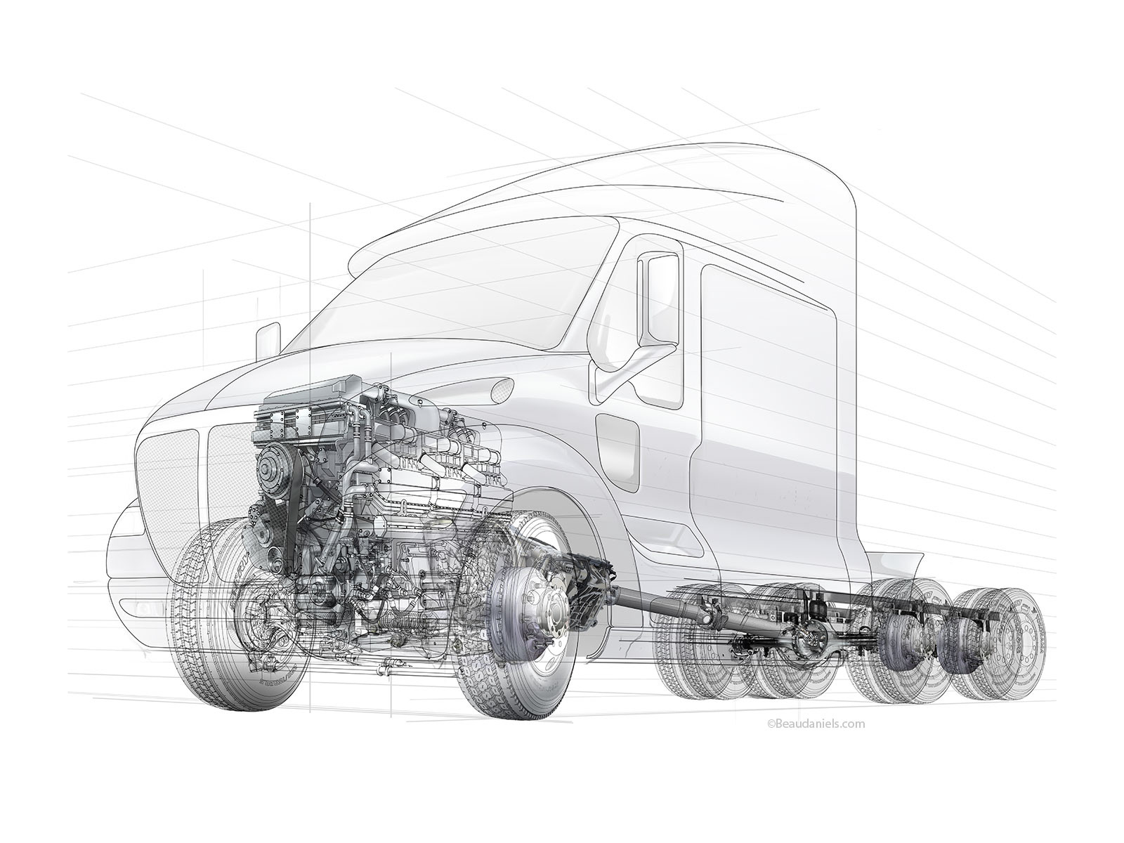 Semi-truck, generic ghosted technical drawing