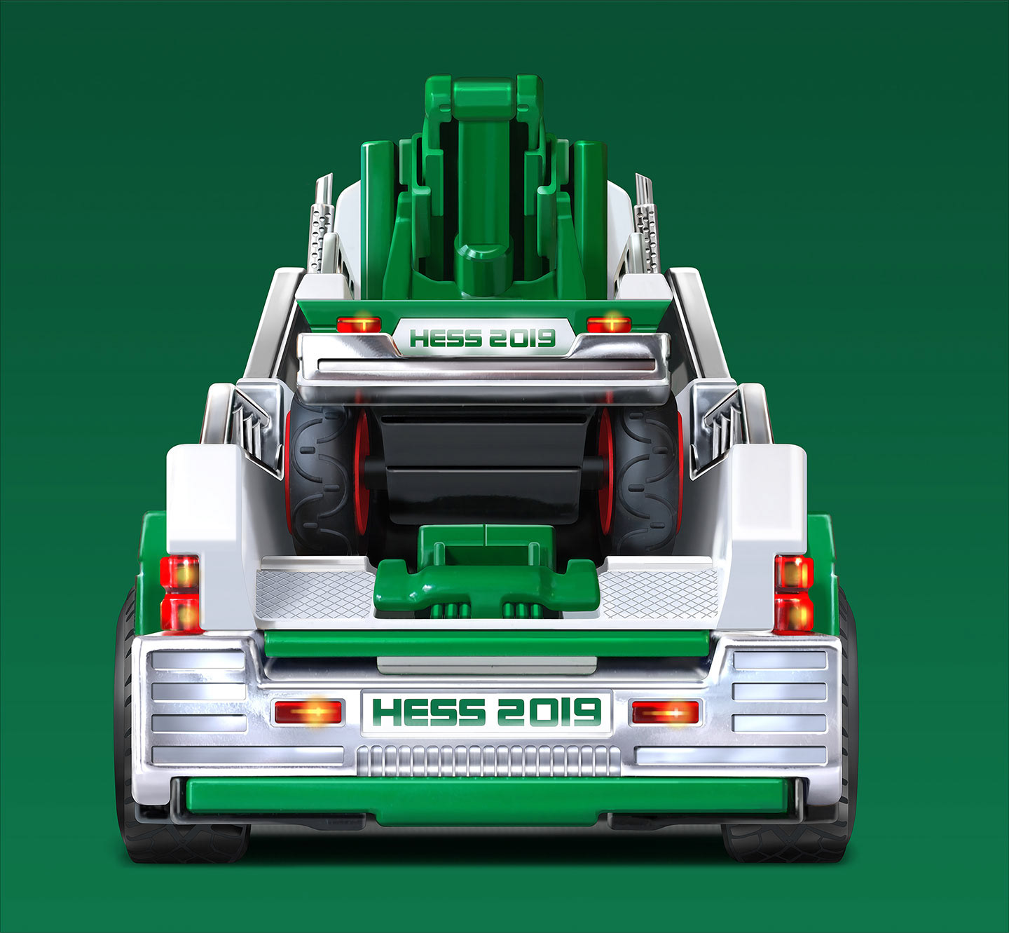 Hess toy truck rear view packaging illustration.