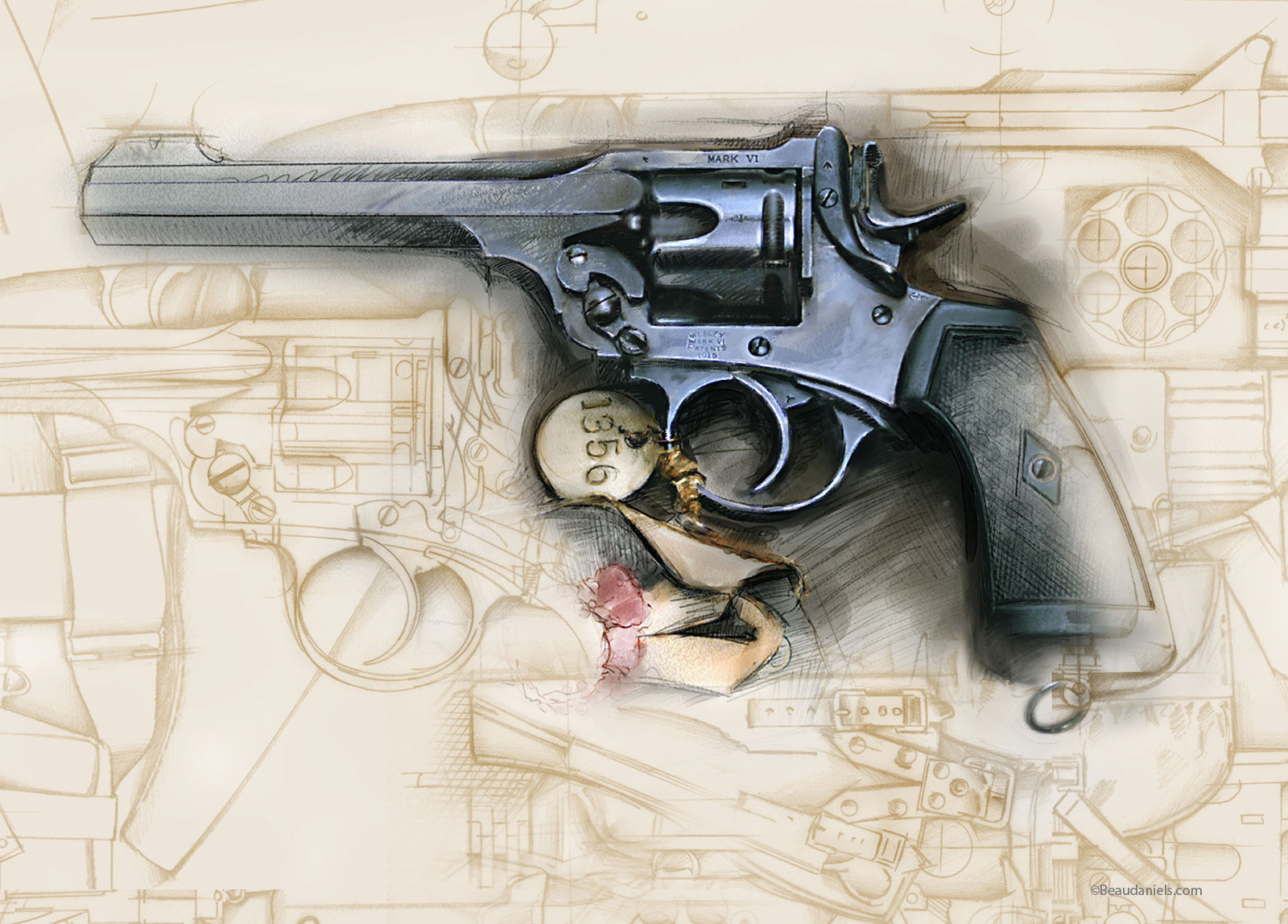 Realistic technical illustration of a MARK V1 Hand gun.