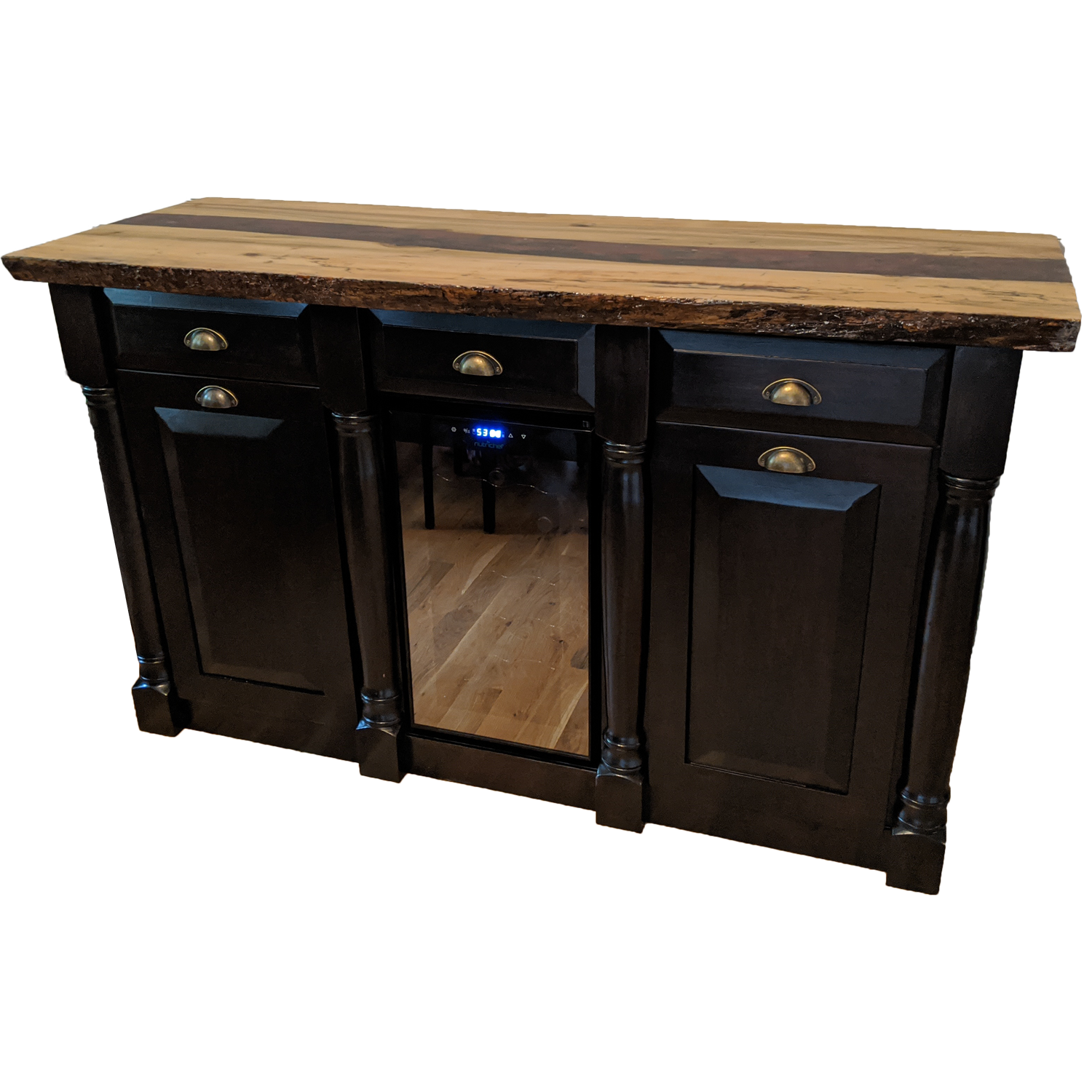 Live edge buffet with built in wine refrigerator