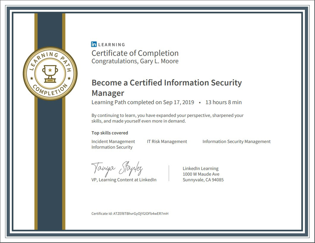 CISM training certificate / LinkedIn training