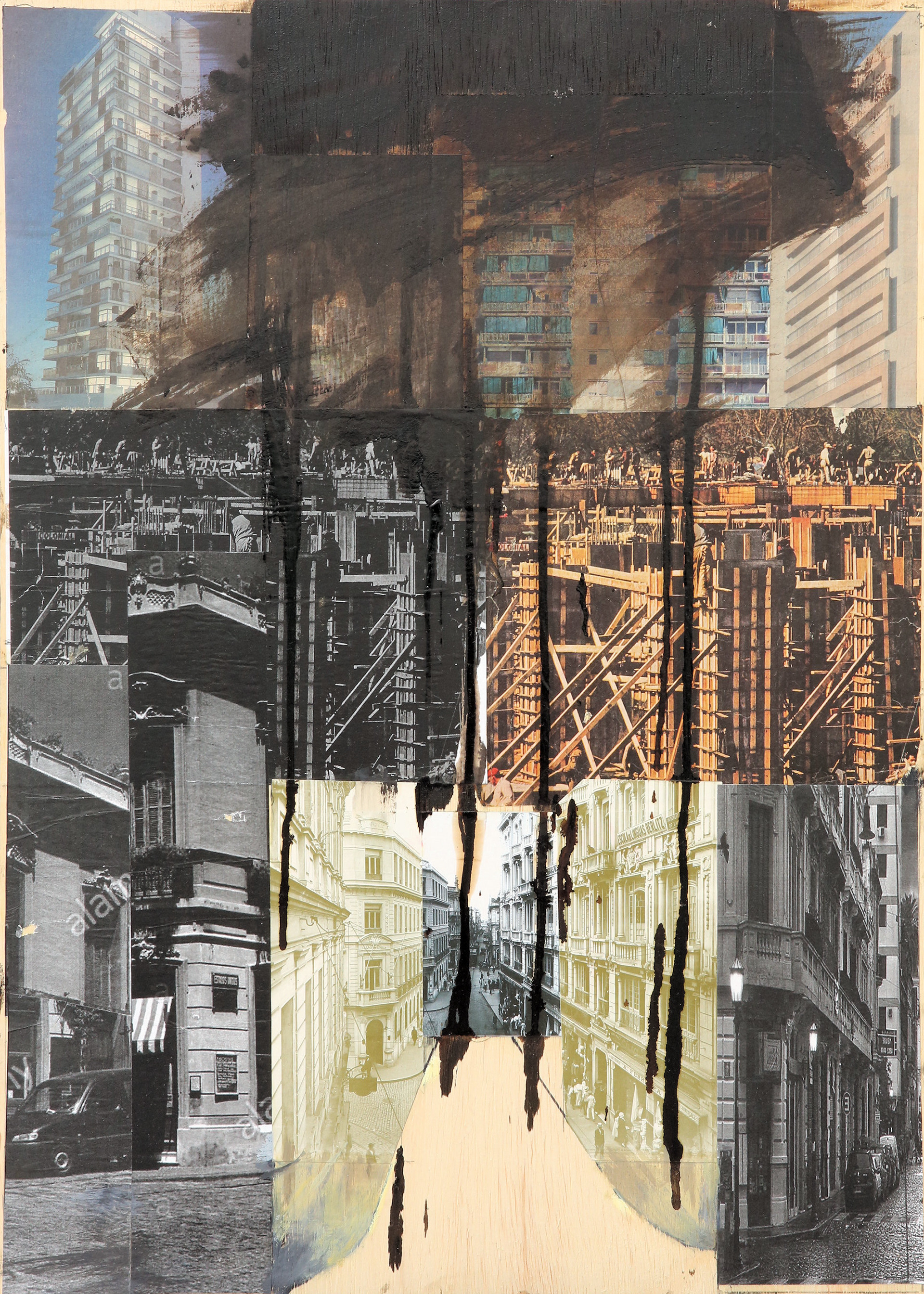n.396 Study for "Frankenstein City" Asphalt on photo collage on wood. Year:2016  50 x 70cm