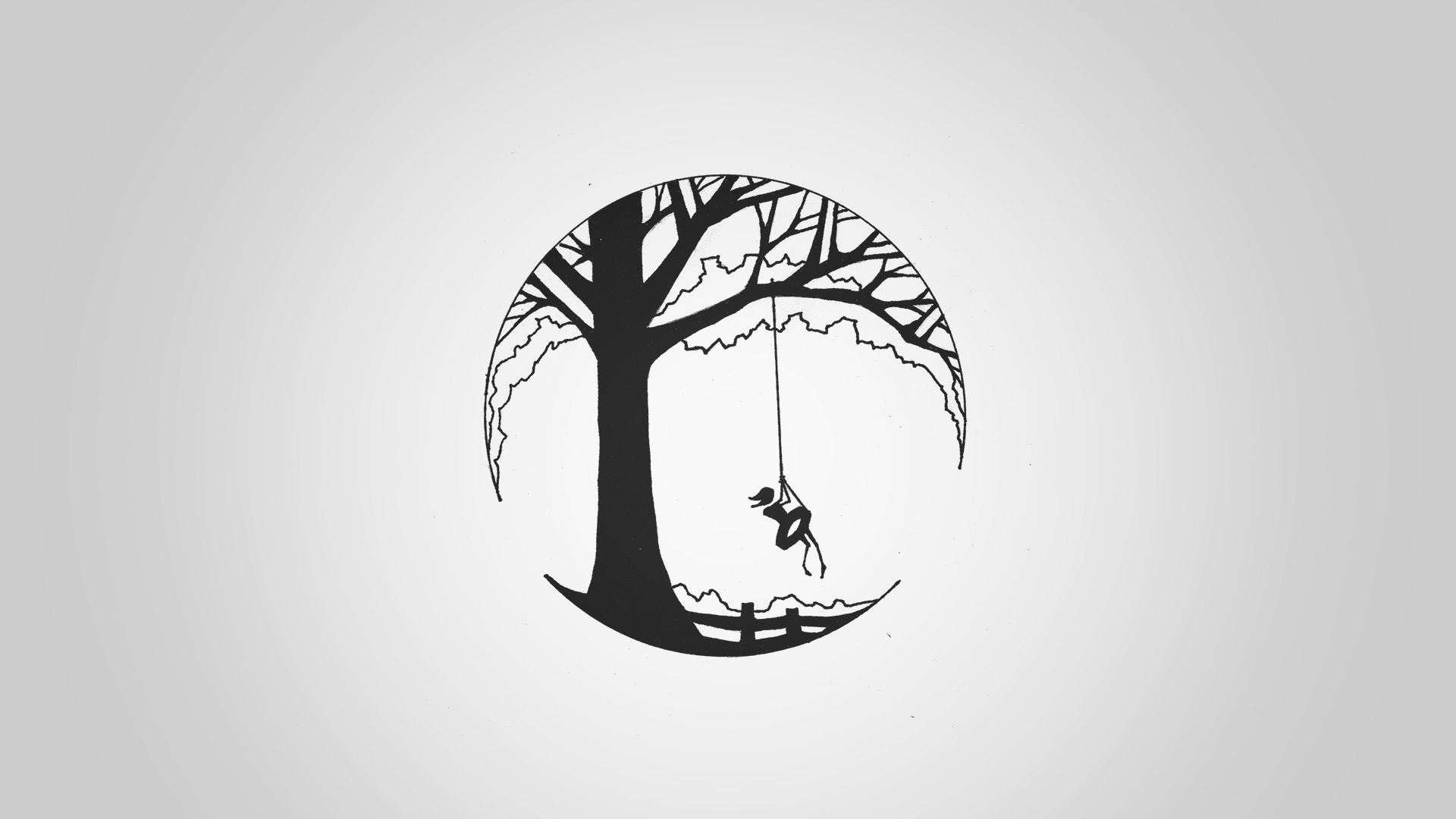 Custom Hand-drawn illustration of the silhouette of a girl swinging from a tire-swing hanging from a tree