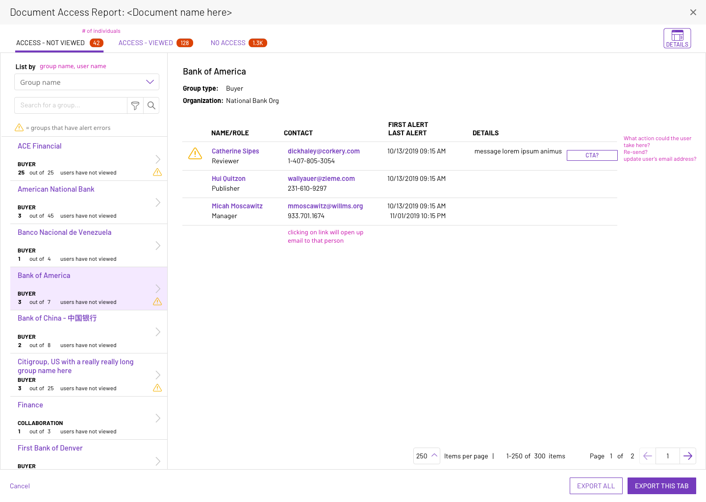 Group selected on the left column. Details of that groups' access are shown on the right.